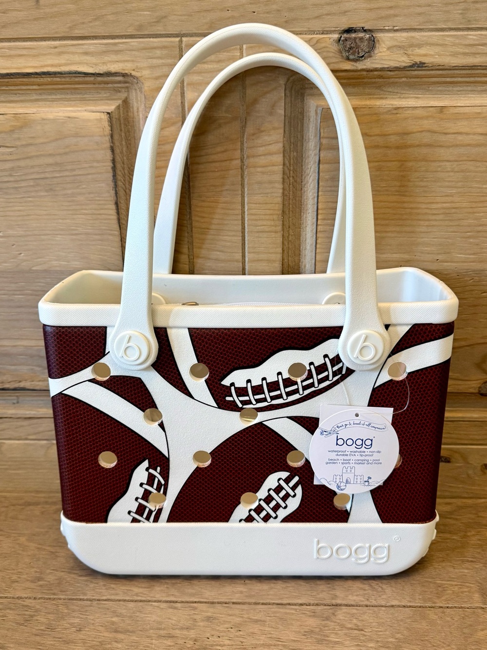 Bogg Bag Bitty White & Brown Football Sport Print Tote Bag NWT Beach Lake Pool
